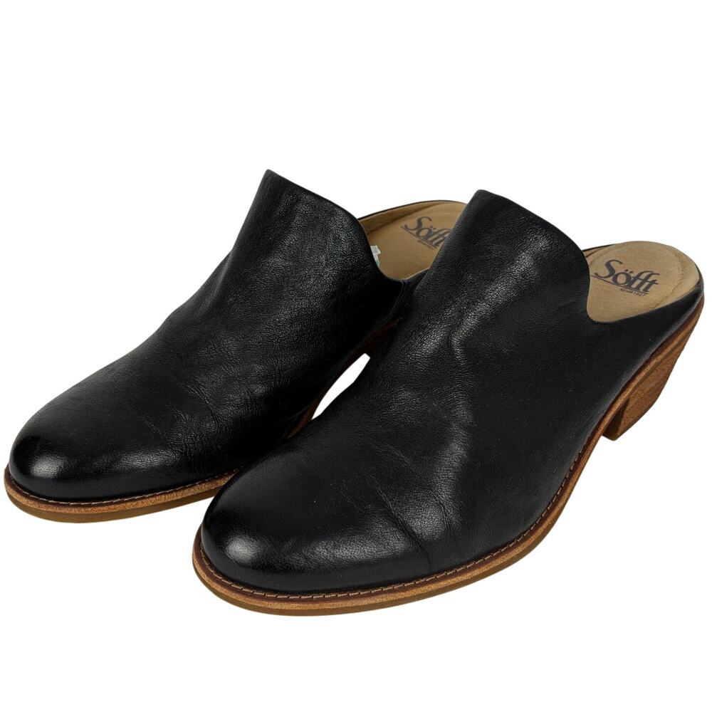 Sofft Ameera Black Leather Heeled Mules Slides Clogs 11M slip on comfort
